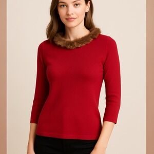 Harold's Vintage Red Silk Blend Sweater Real Fur Collar‎ Small/Medium Holiday